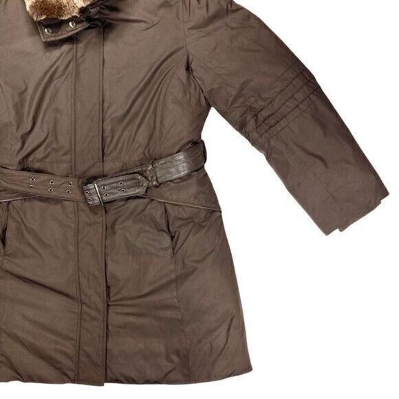 Anne Klein Rabbit Fur Trimmed Coat Sz M Brown Down Filled Belted Classic Jacket - Picture 4 of 16